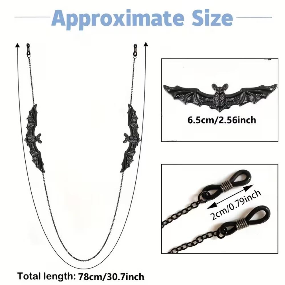 Gothic Bat Eyeglass Chain Black Glasses Holder Necklace Halloween Sunglasses - Picture 3 of 6